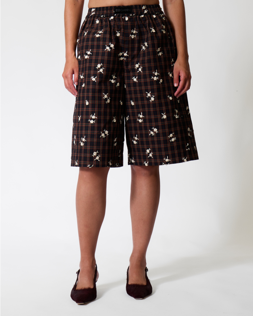 Cappuccino Checked Floral-Print Bermuda
