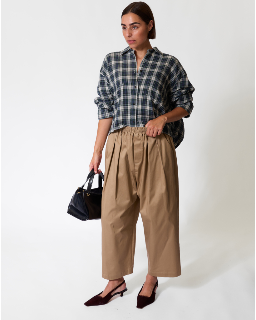 Kick-Pleated Beige Trousers