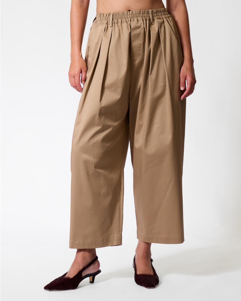 Kick-Pleated Beige Trousers