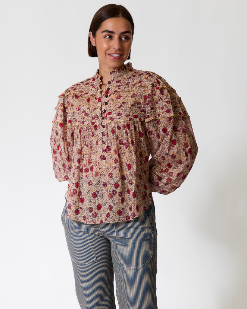 Doane Blouse with Floral Print in Ecru/Raspberry