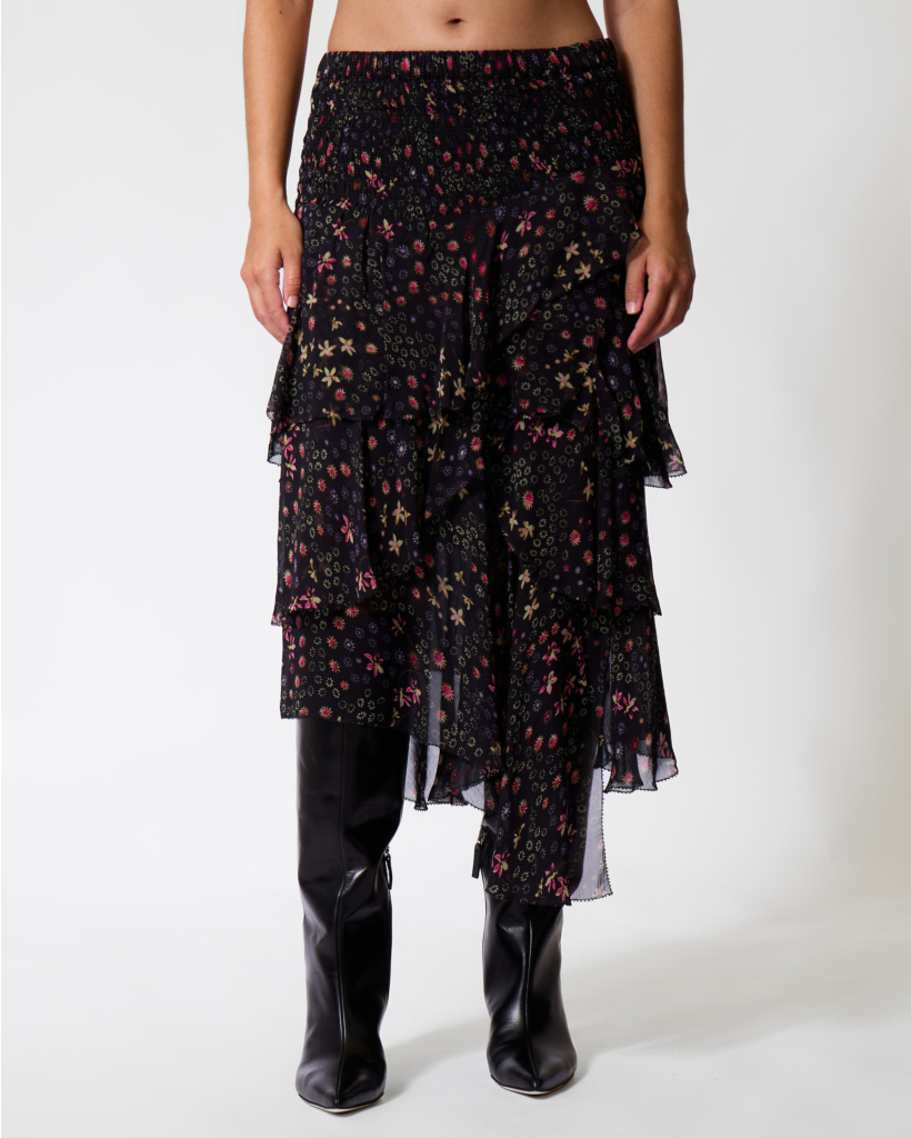 Brigitte Midi Skirt with Floral Print Black/Ecru