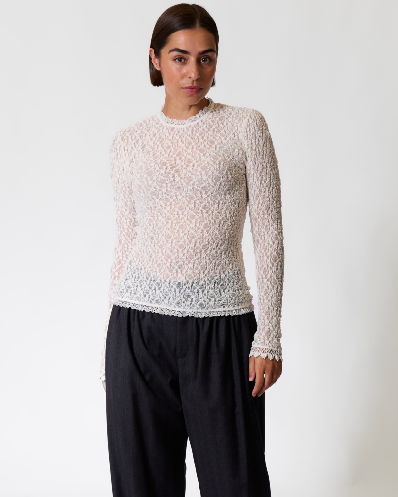 Brany Sheer Lace Long-Sleeve White