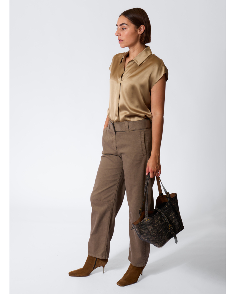 Short-Sleeve Satin Blouse - Sage