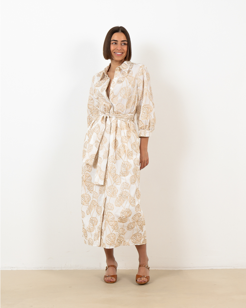 Long Short-Sleeved Dress with Belt and Floral Print, White/Gold