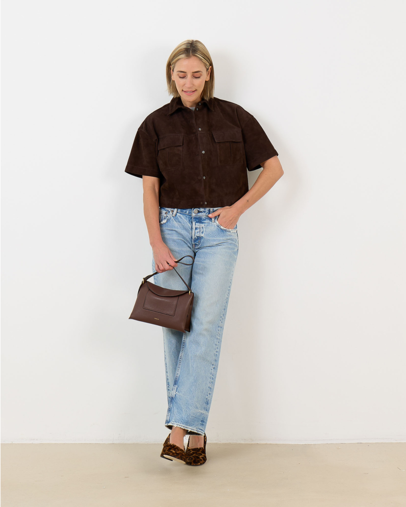 Brisa Short-Sleeve Brown Suede Blouse