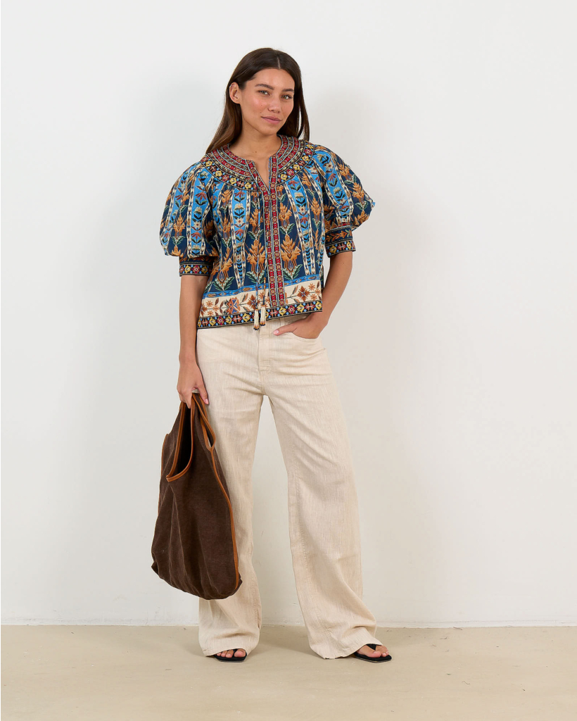 Embroidered Blouse with Tassels and Puff Sleeves - Blue