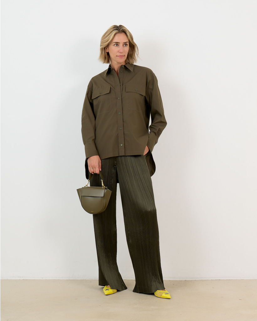 Satin Amber Pleated Wide-Leg Pants Green