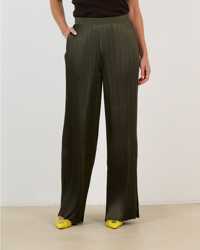 Satin Amber Pleated Wide-Leg Pants Green