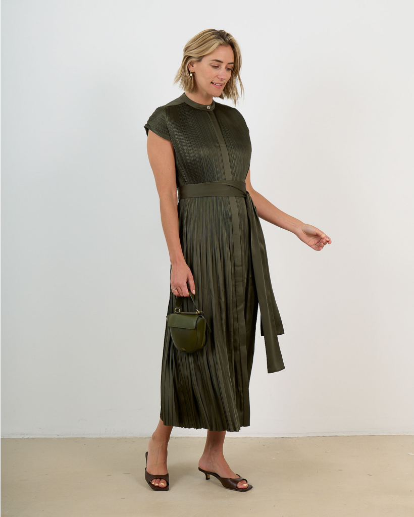 Phare Pleated Satin Midi Dress Green