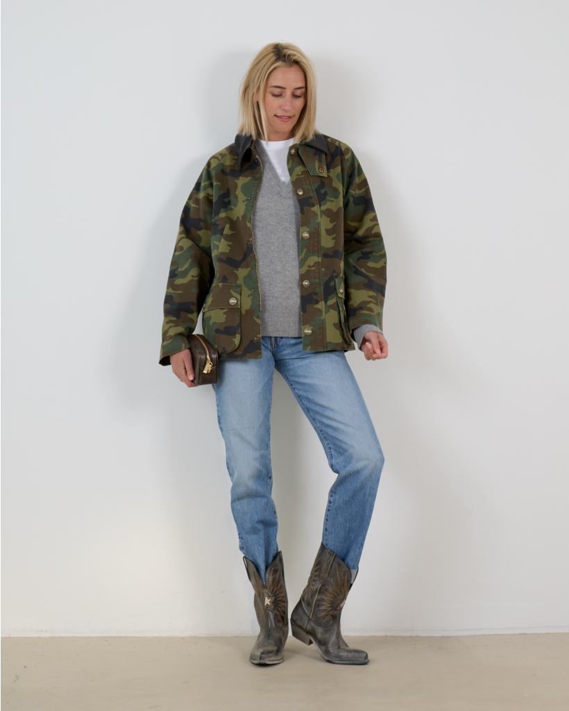 Andrew Parka Camouflage Jacket with Leather Collar Green