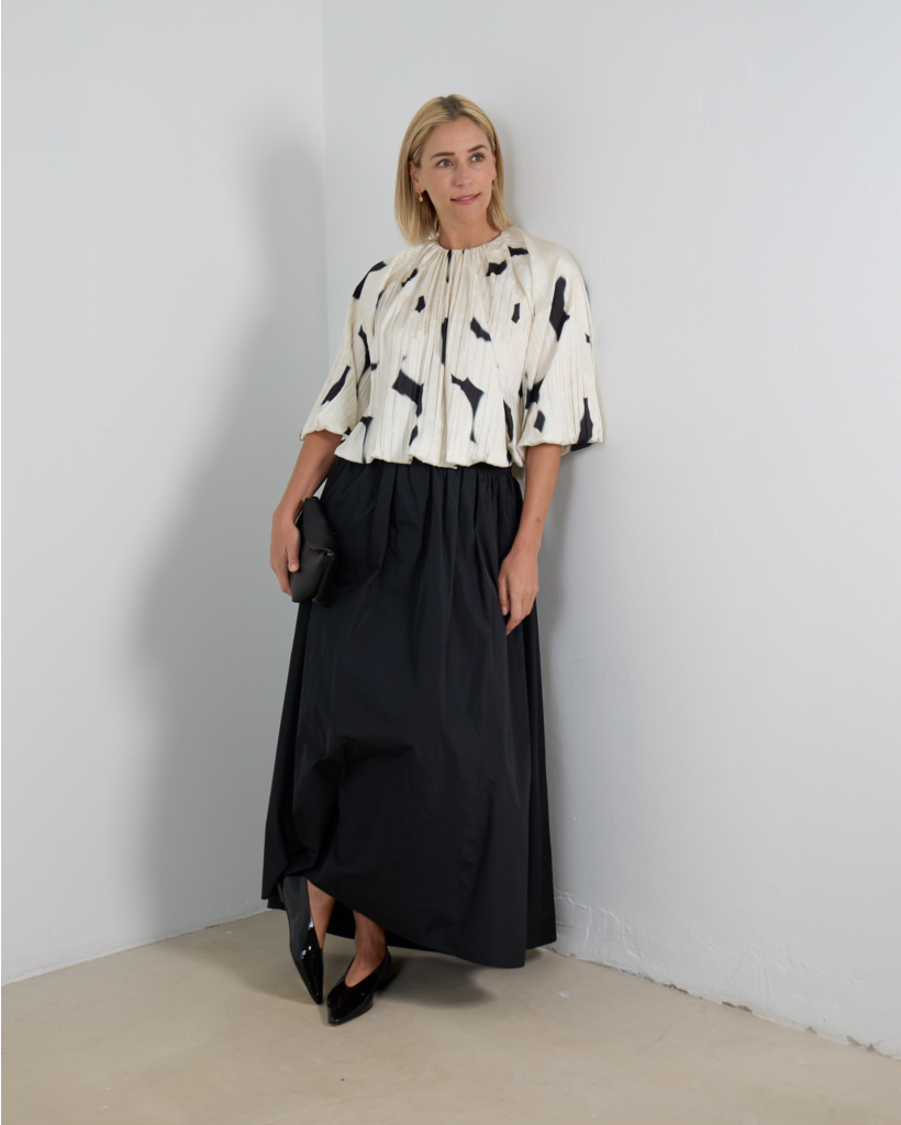 Edie Short-Sleeve Pleated Blouse Off-White