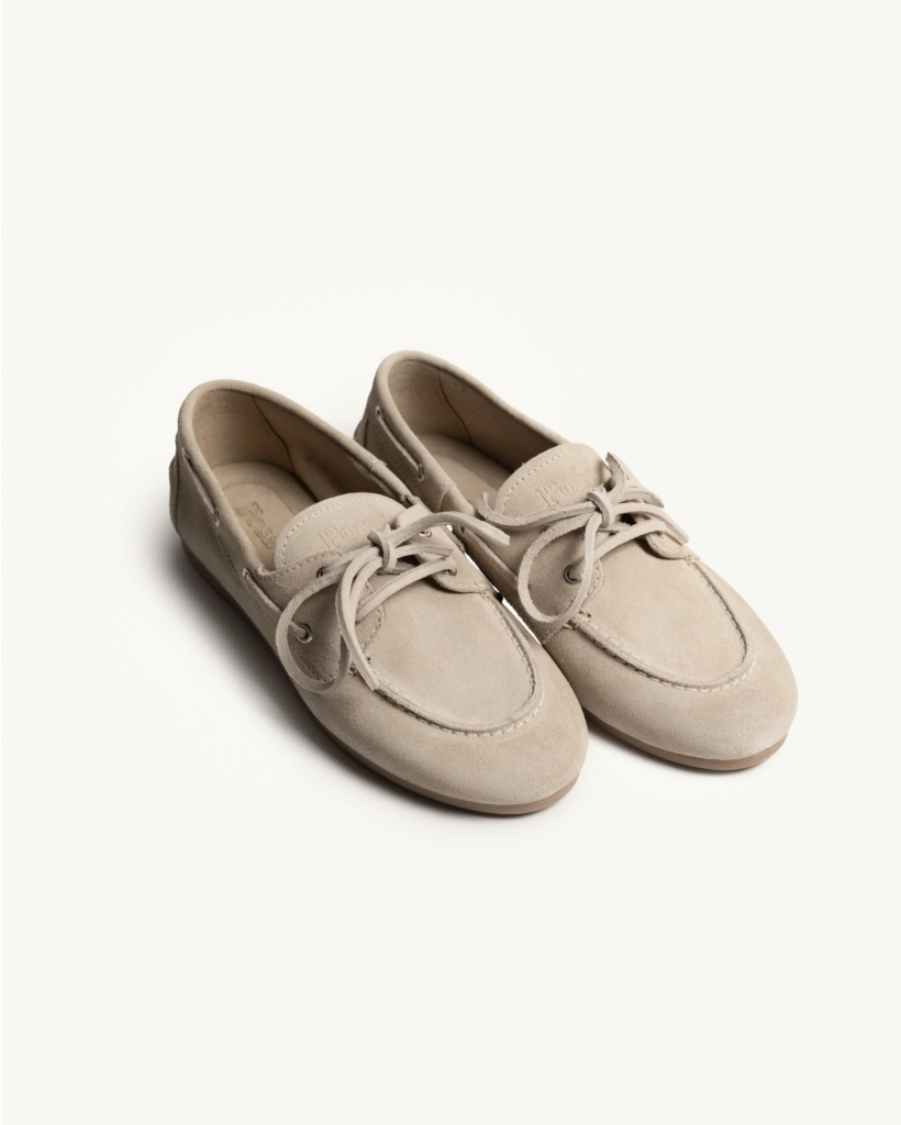 Brushed Suede Boat Loafer in Light Taupe