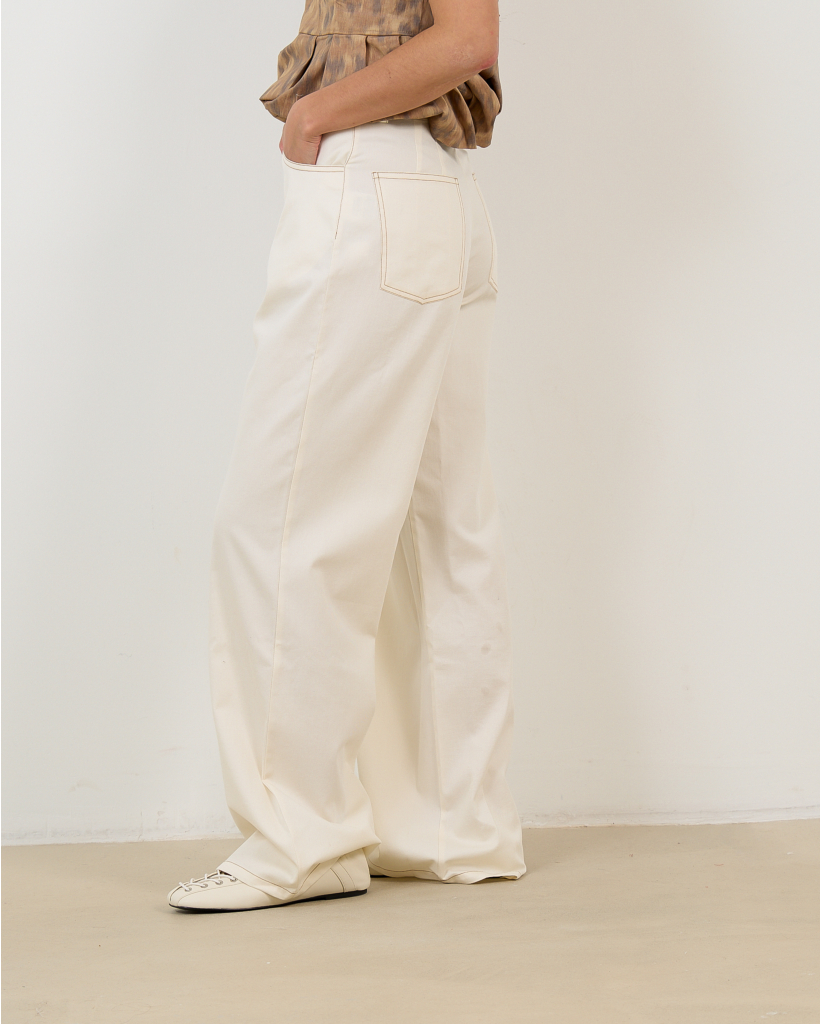 Nanny Trousers with Brown Stitching - Off-White
