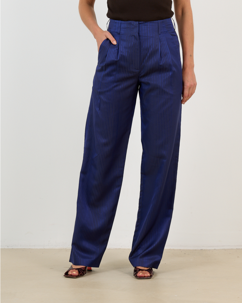 Striped Cotton and Satin Trousers Navy