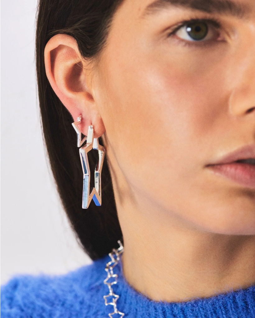 Large Funky Star Hoop Earrings Silver