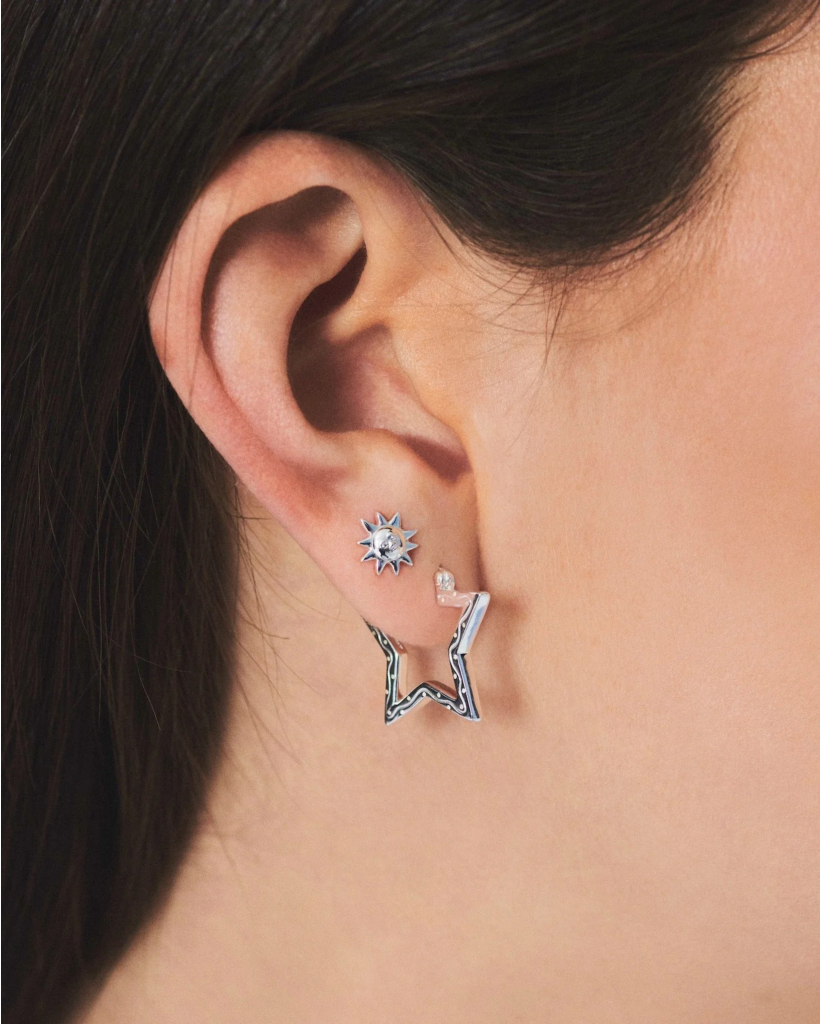 Small Funky Star Hoop Earrings in Silver