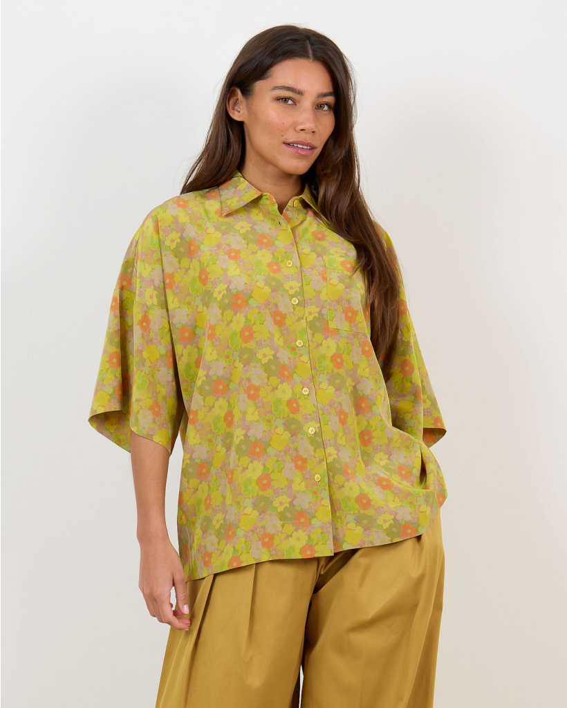 Zaoua Silk Blouse with Floral Print Flobro Green