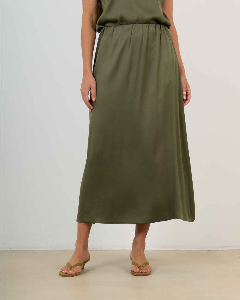 Idonea Midi Skirt with Elastic Waistband in Satin Green