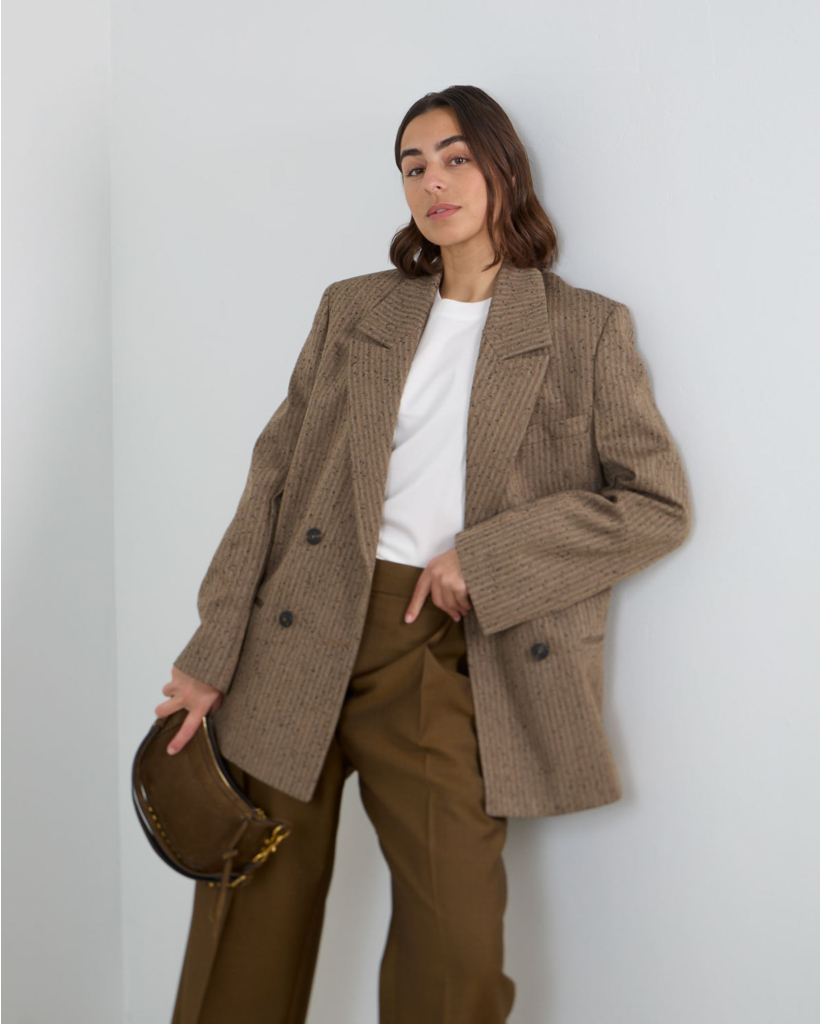 Woolen Double-Breasted Herringbone Blazer Khaki
