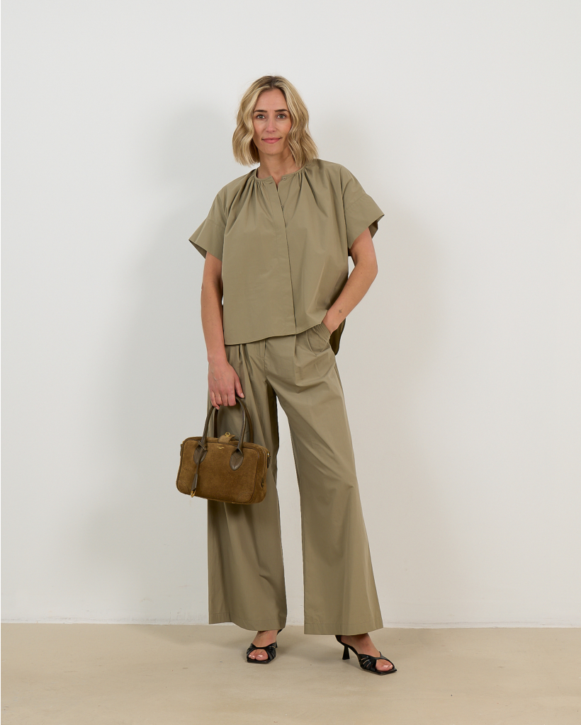 Olive Green Cotton Poplin Crewneck Shirt