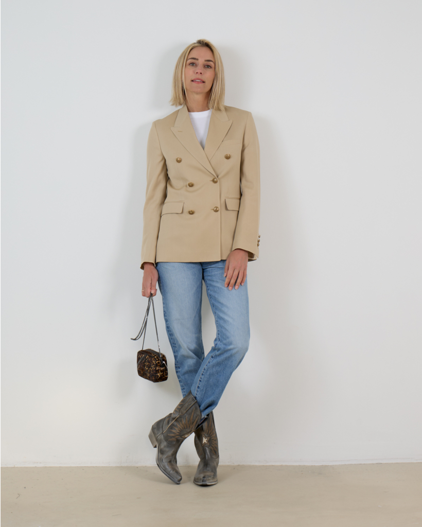 Wool Double-Breasted Blazer with Gold Heraldic Buttons in Sand