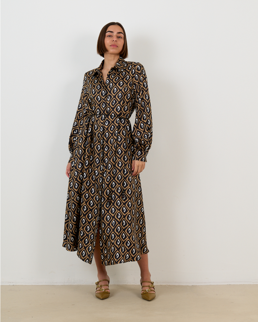 Long-sleeved midi dress 001 black prints