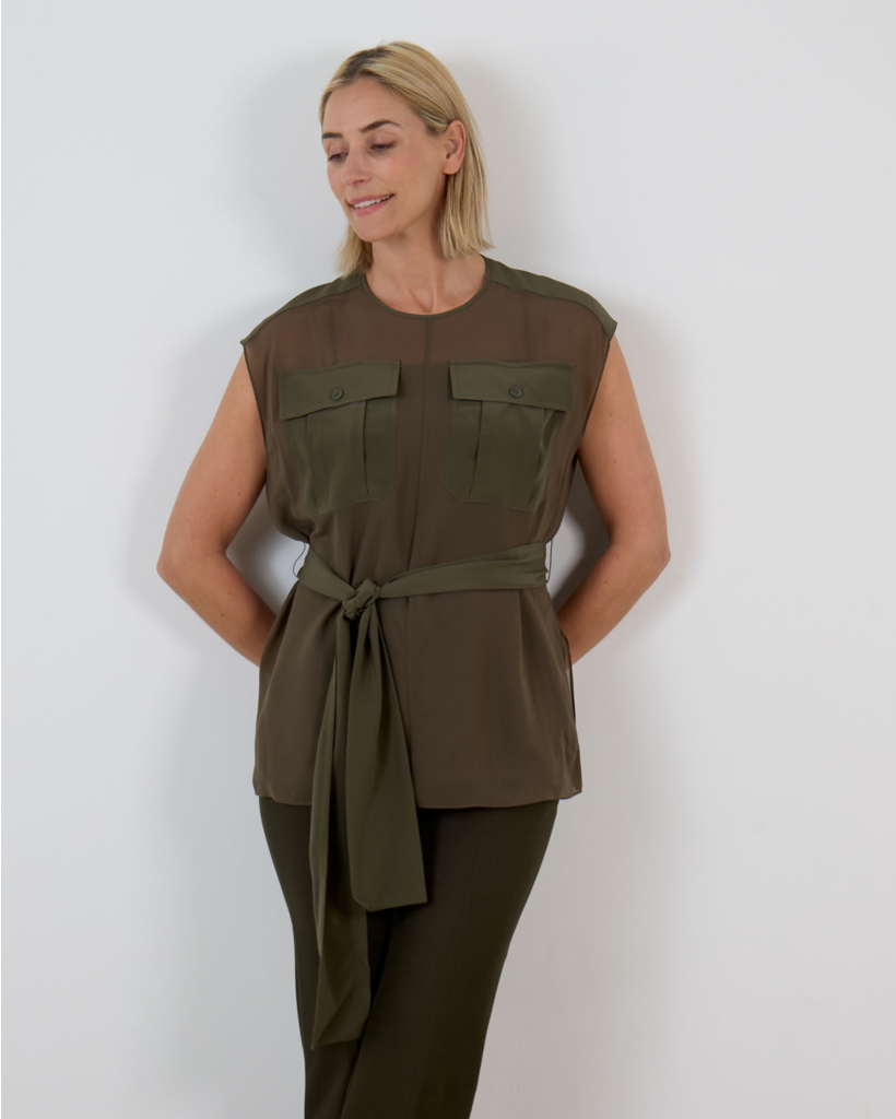 Khaki silk crepe de soie sleeveless blouse