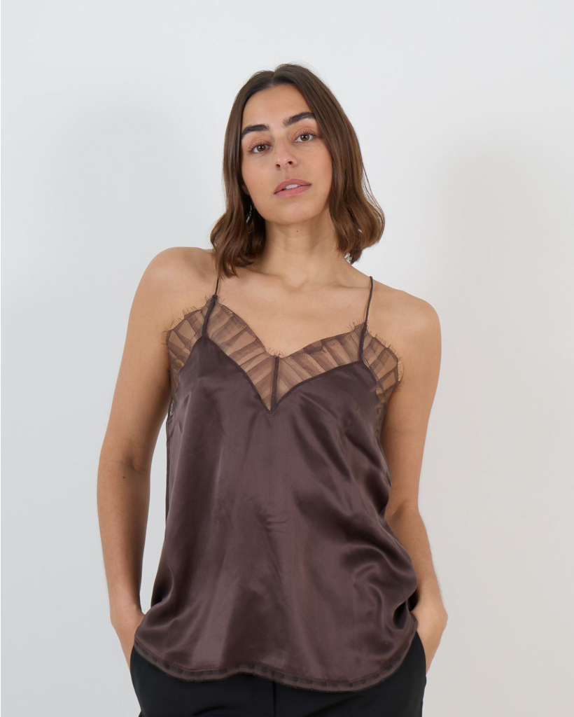 Berwyn Brown Silk Sleeveless Top with Lace