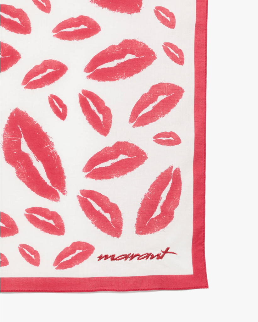 Ecru/red scarf with lip print