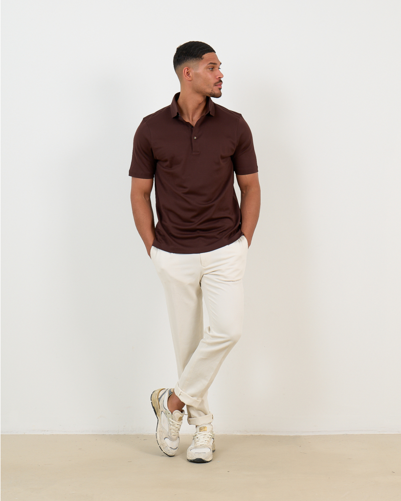 Mercerized Piqué Long-Sleeve Polo - Dark Brown