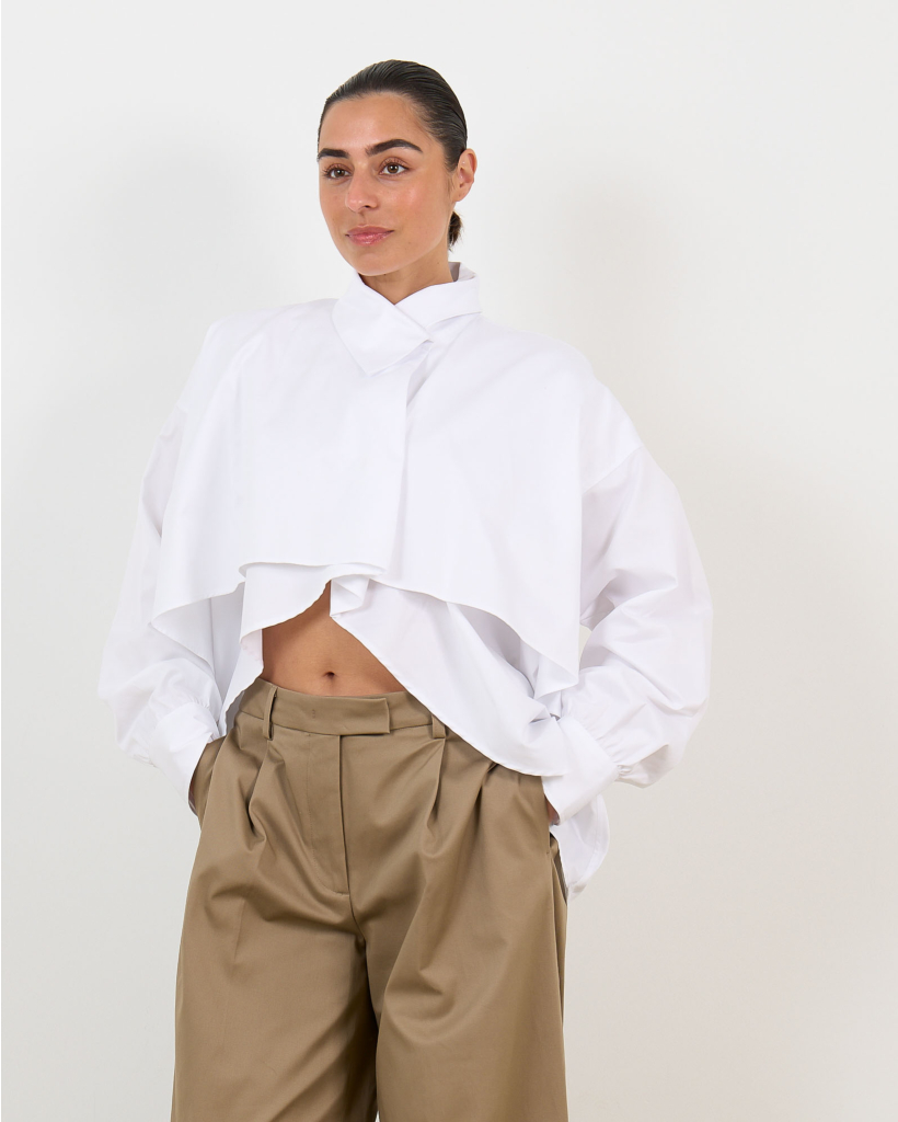 Bird Shirt Blouse with Crossover Collar - White