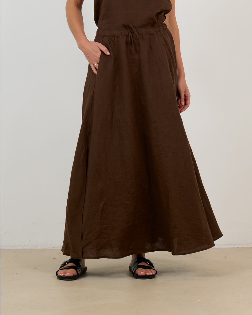 Dark Brown Linen Midi Skirt