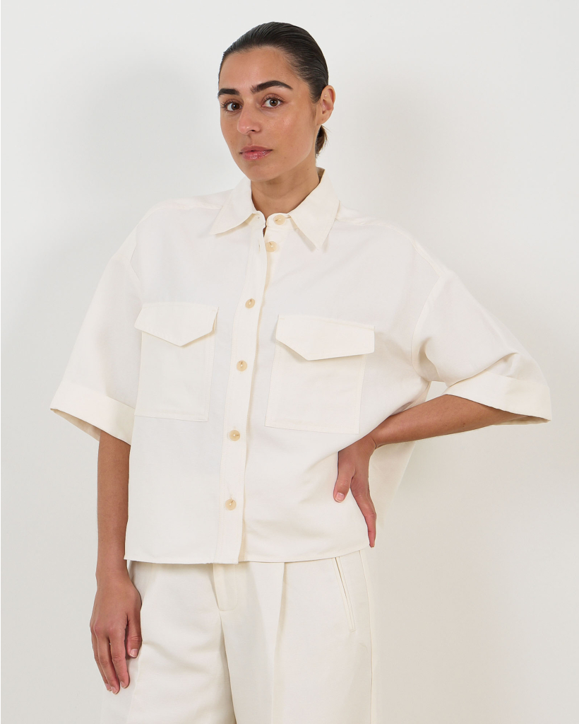 Off-White Linen Short-Sleeve Blouse