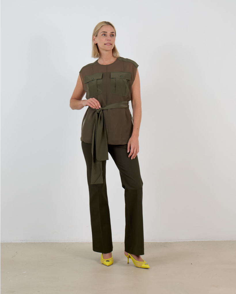 Khaki silk crepe de soie sleeveless blouse