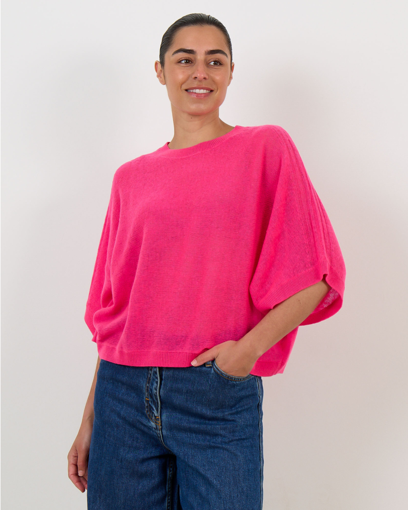 Benedicta Cashmere Short-Sleeve Sweater Fuchsia