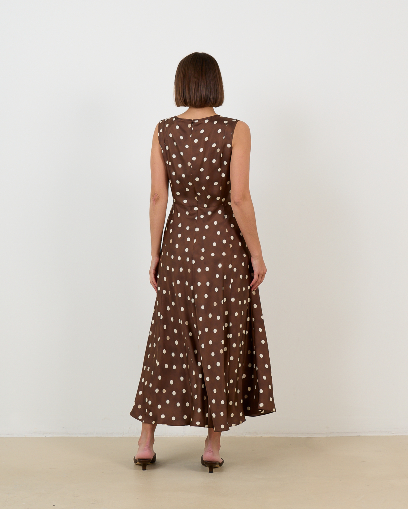 Silk Maxi Dress with Polka Dots, Brown