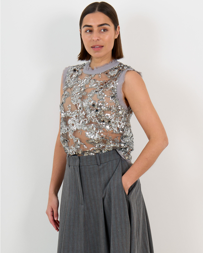 Manira Mesh Top with Silver Sequins