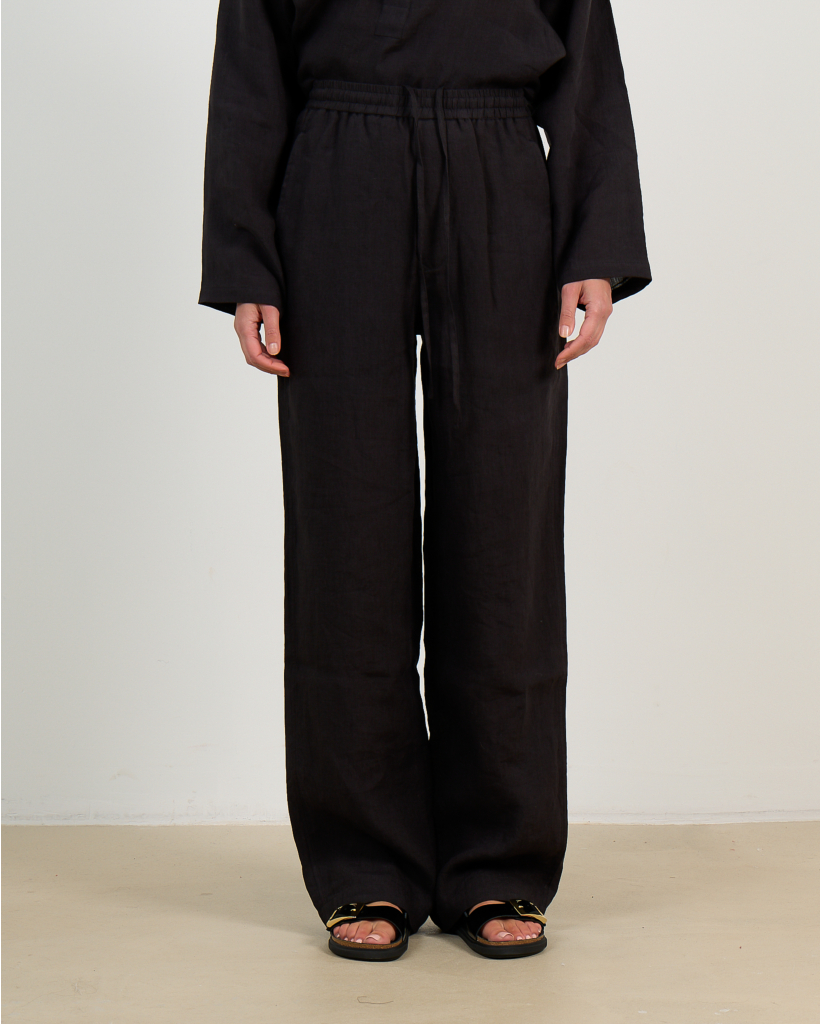 Eased Linen Wide-Leg Trousers Black