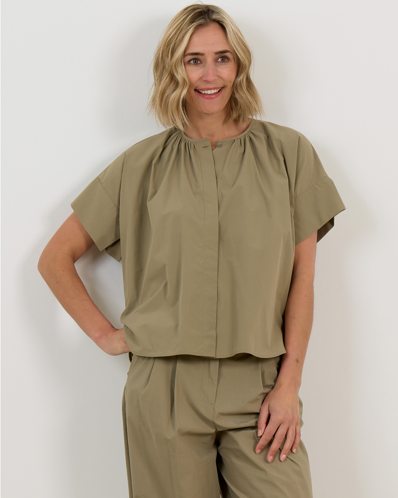 Olive Green Cotton Poplin Crewneck Shirt