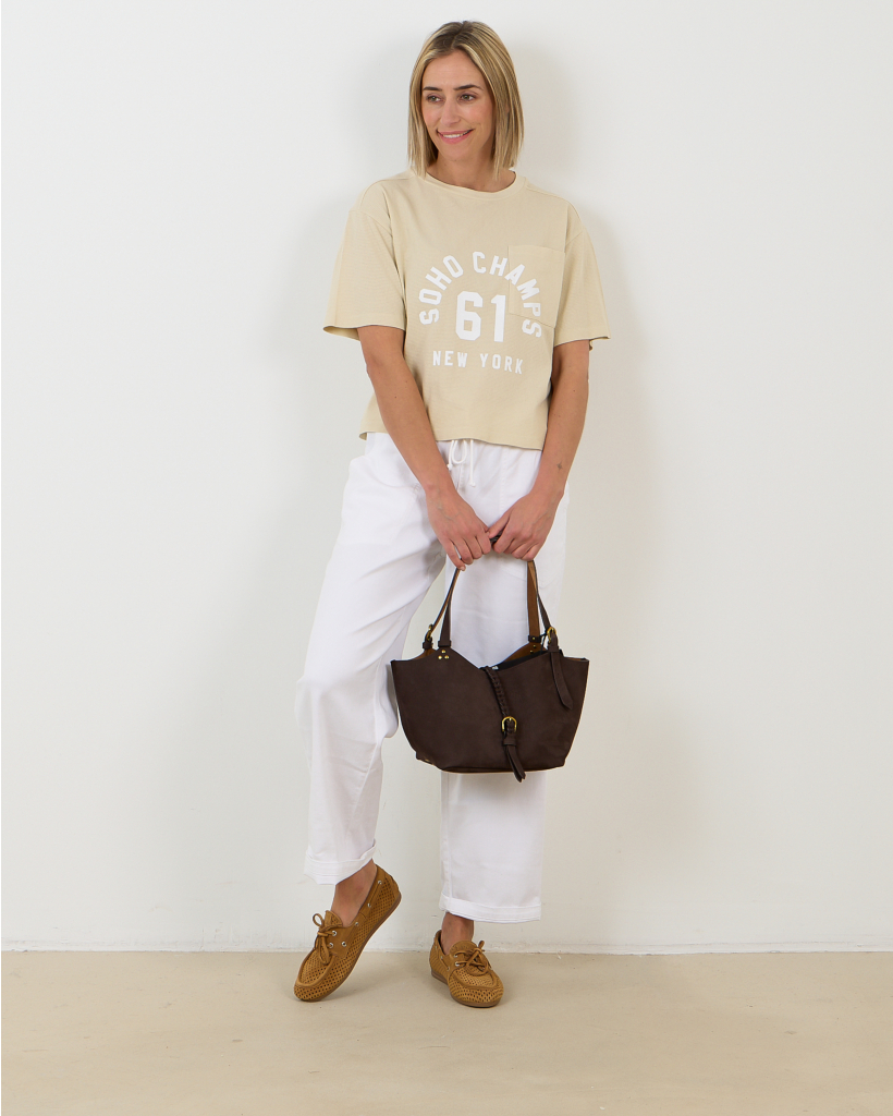 Beige Textured Varsity T-Shirt