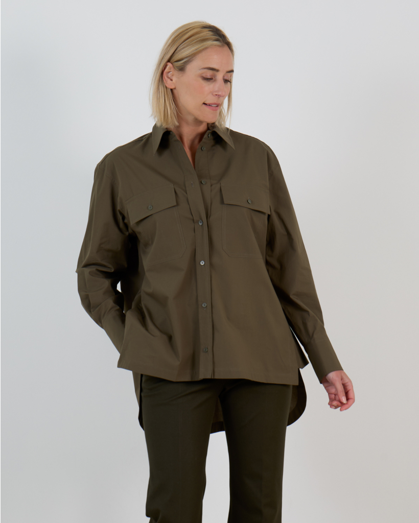 Ranya Cotton Long-Sleeve Blouse in Khaki