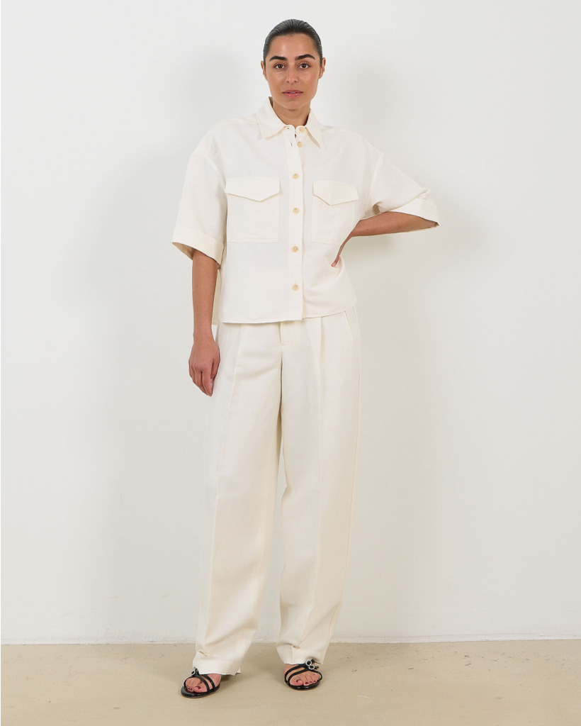 Off-White Linen Short-Sleeve Blouse