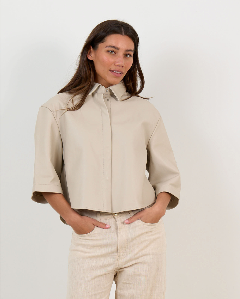 Mila Sheepskin Leather Blouse Three-Quarter Sleeve Almond