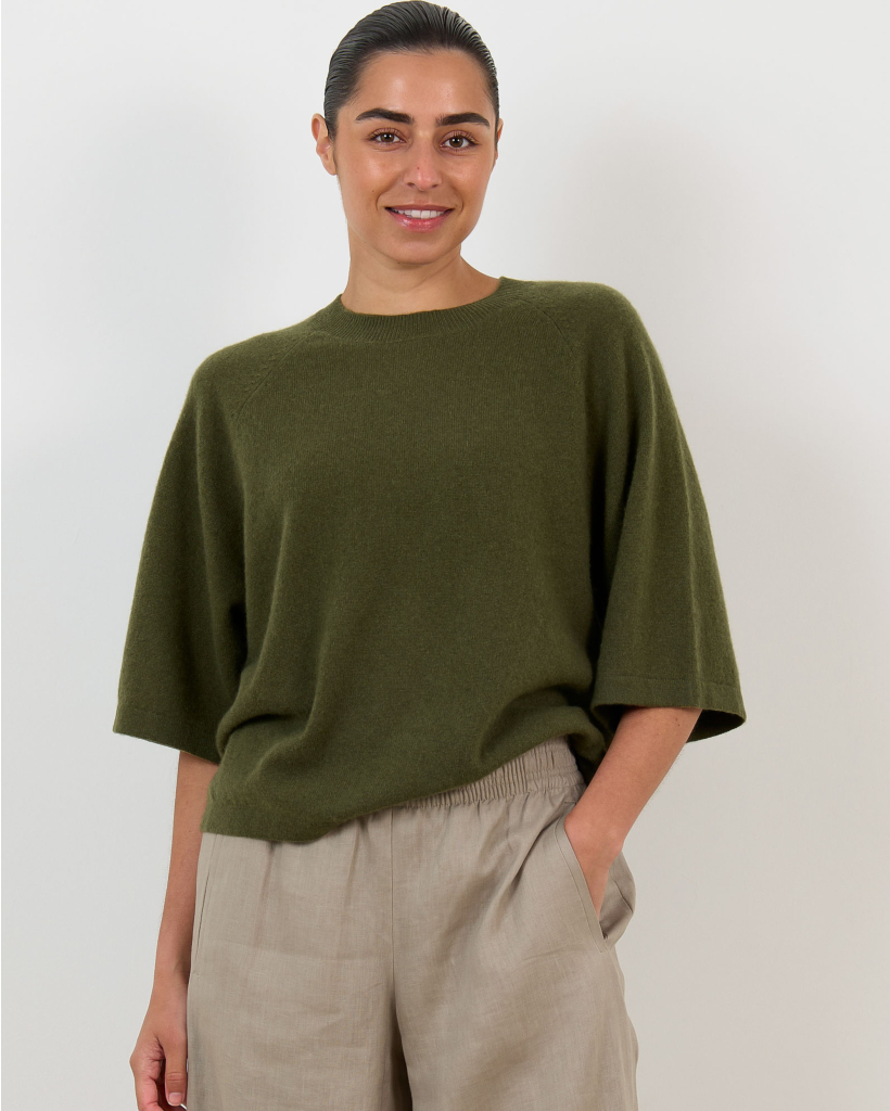 Leana Cashmere Short-Sleeve Sweater - Army