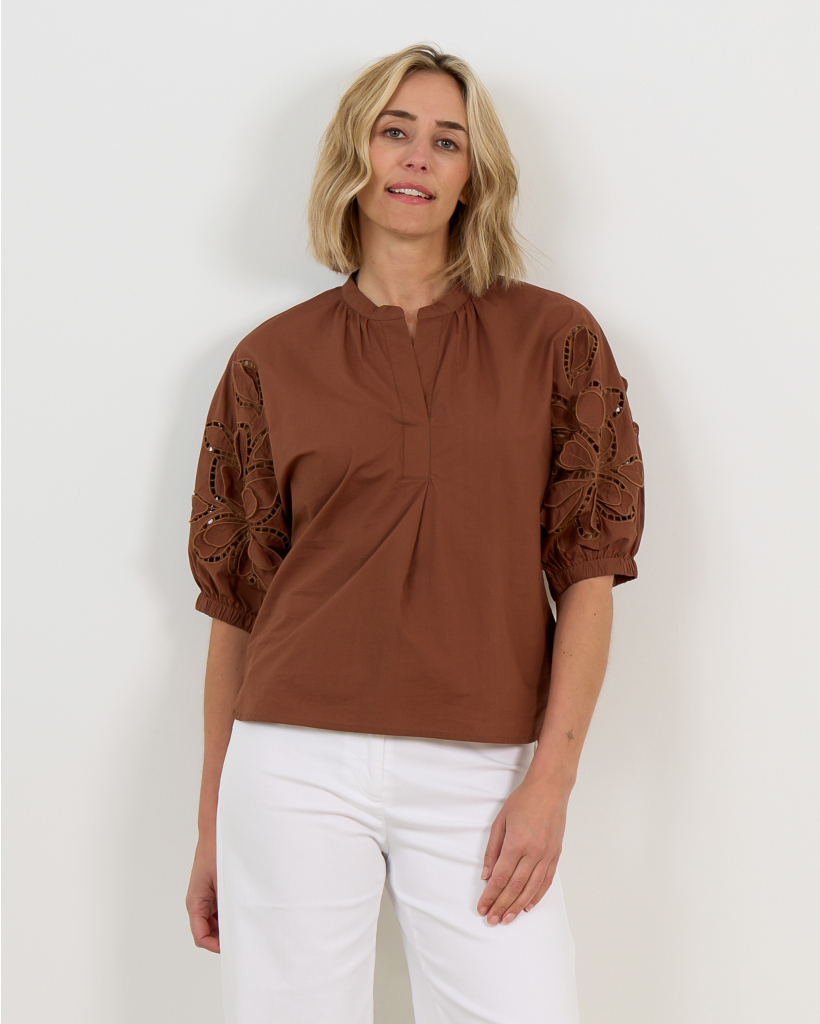 Blouse with Eyelet Embroidery, Dark Terracotta