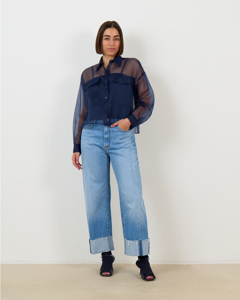 High-Waisted Cuffed Jeans - Blue