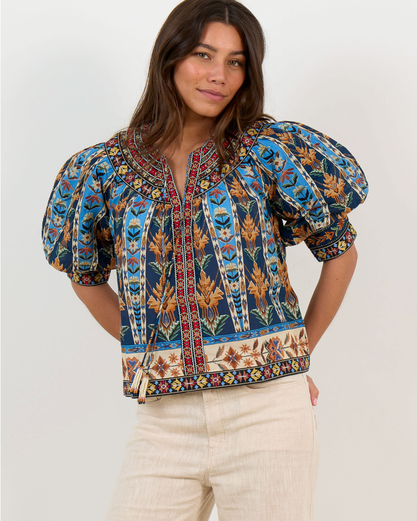 Embroidered Blouse with Tassels and Puff Sleeves - Blue