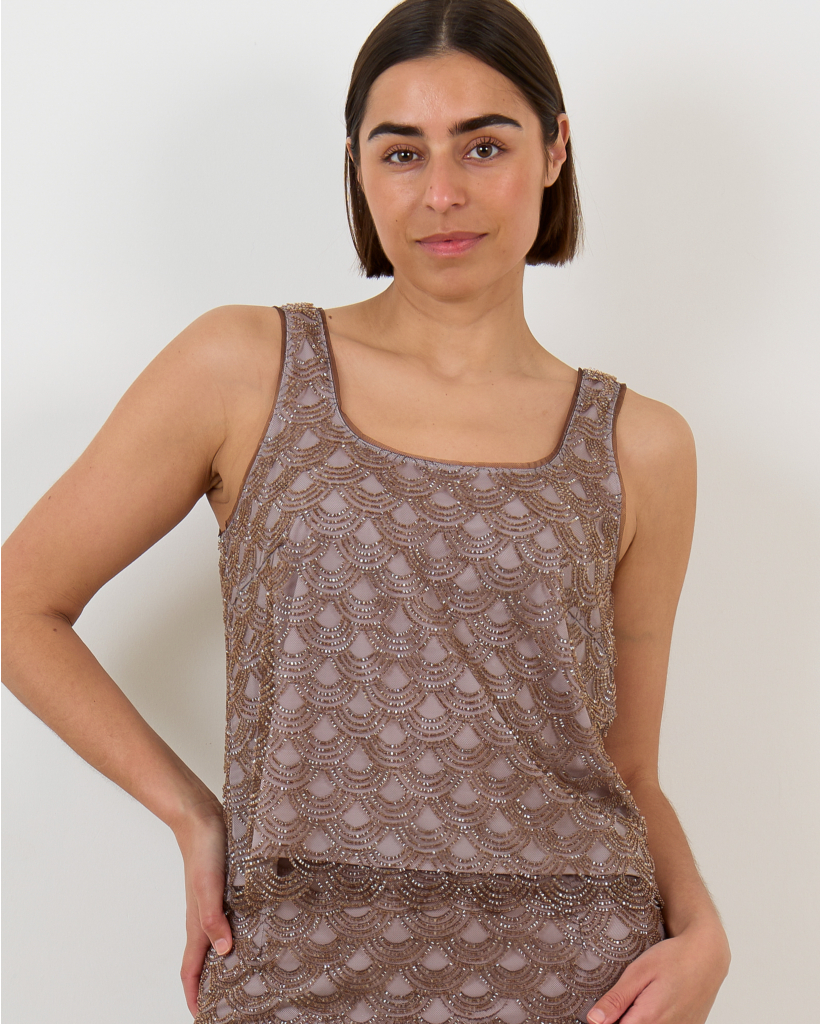 Scallop Sequin Top Taupe