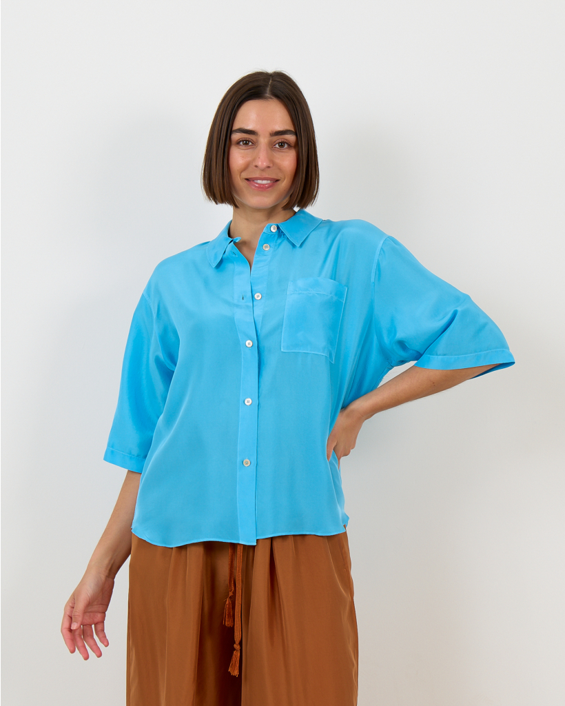 Turquoise Short-Sleeved Silk Blouse