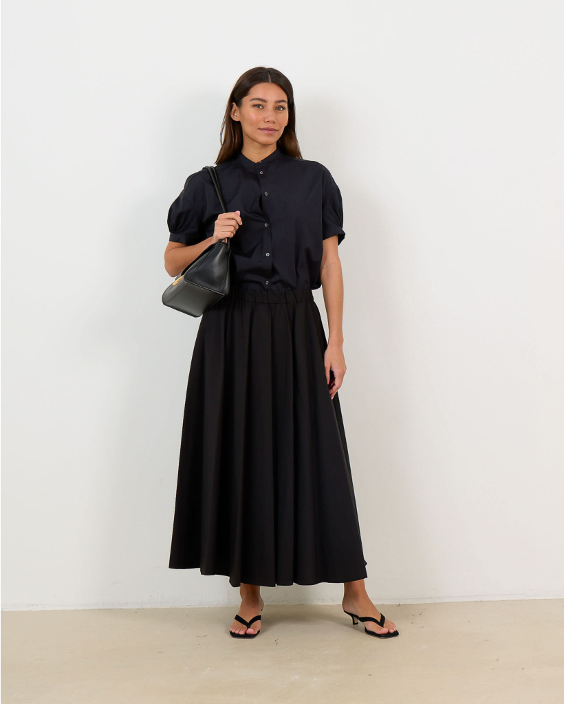 Poplin and Nylon Midi Skirt Black